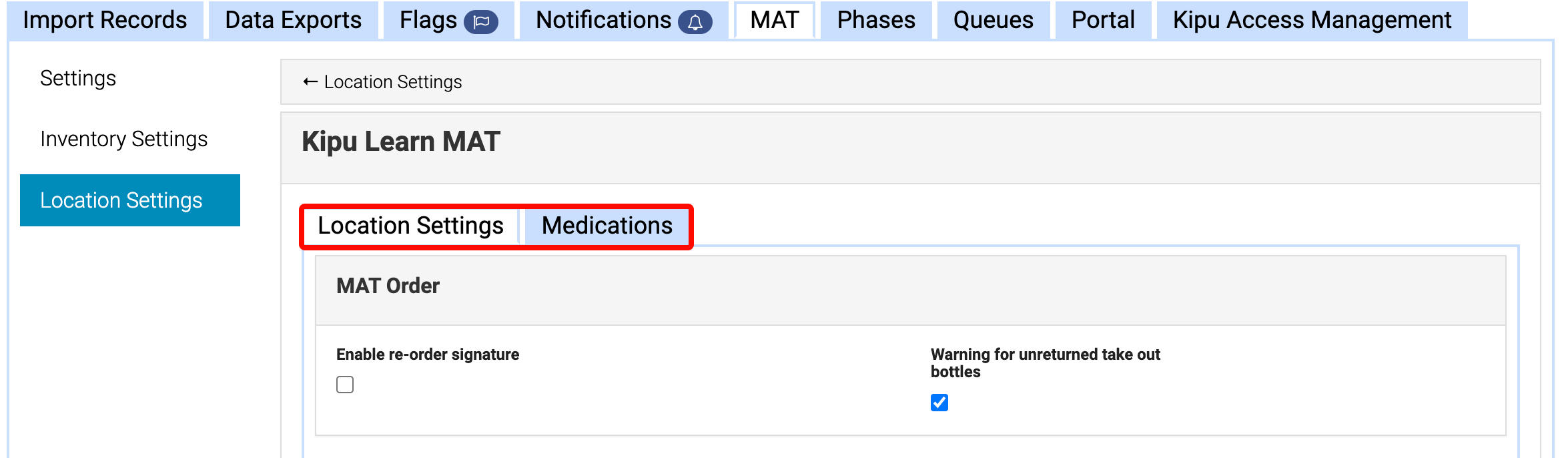 MAT Tab Location Settings Kipu Health