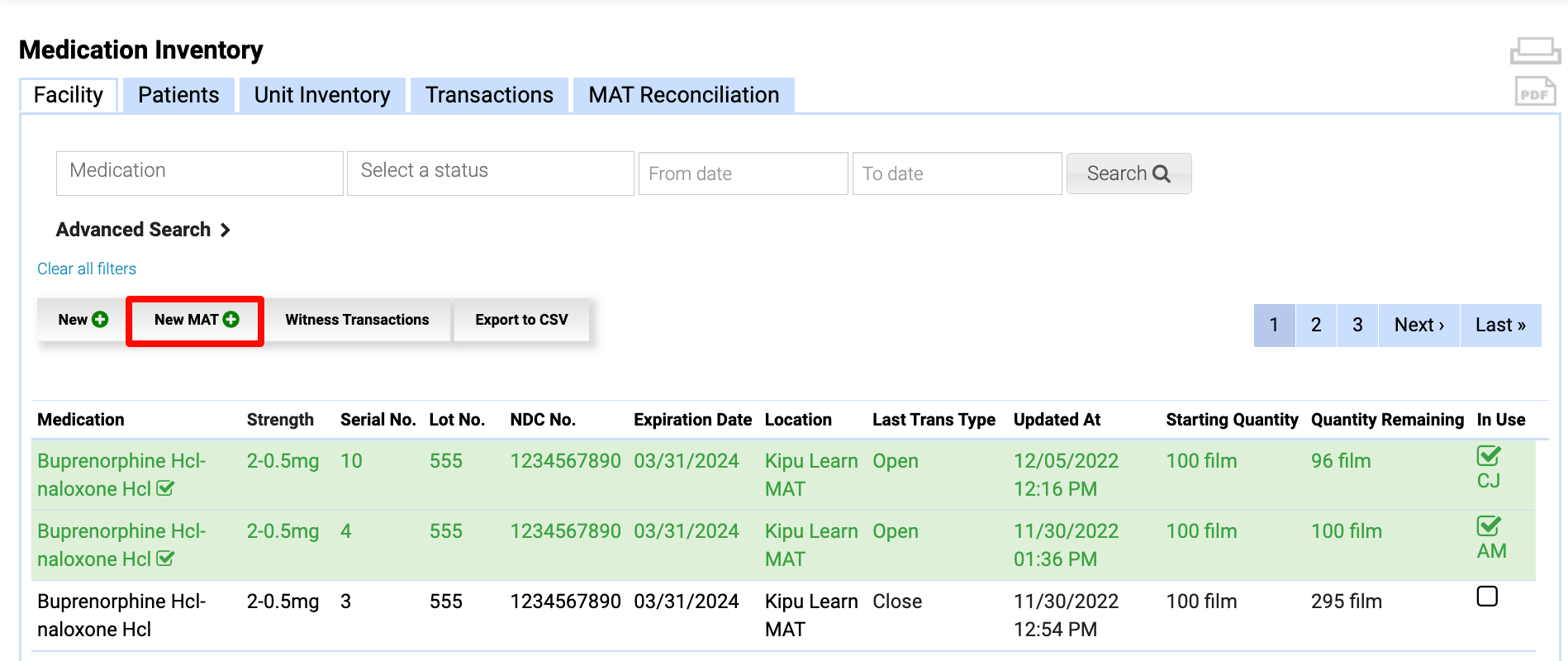 Receiving MAT Inventory Kipu Health