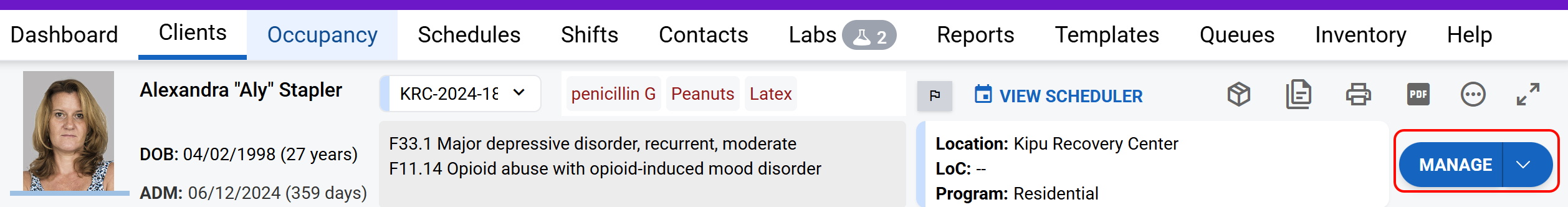 Patient Header with Manage button
