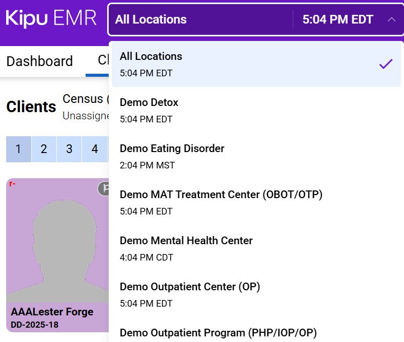 My Locations drop-down with time and time zone