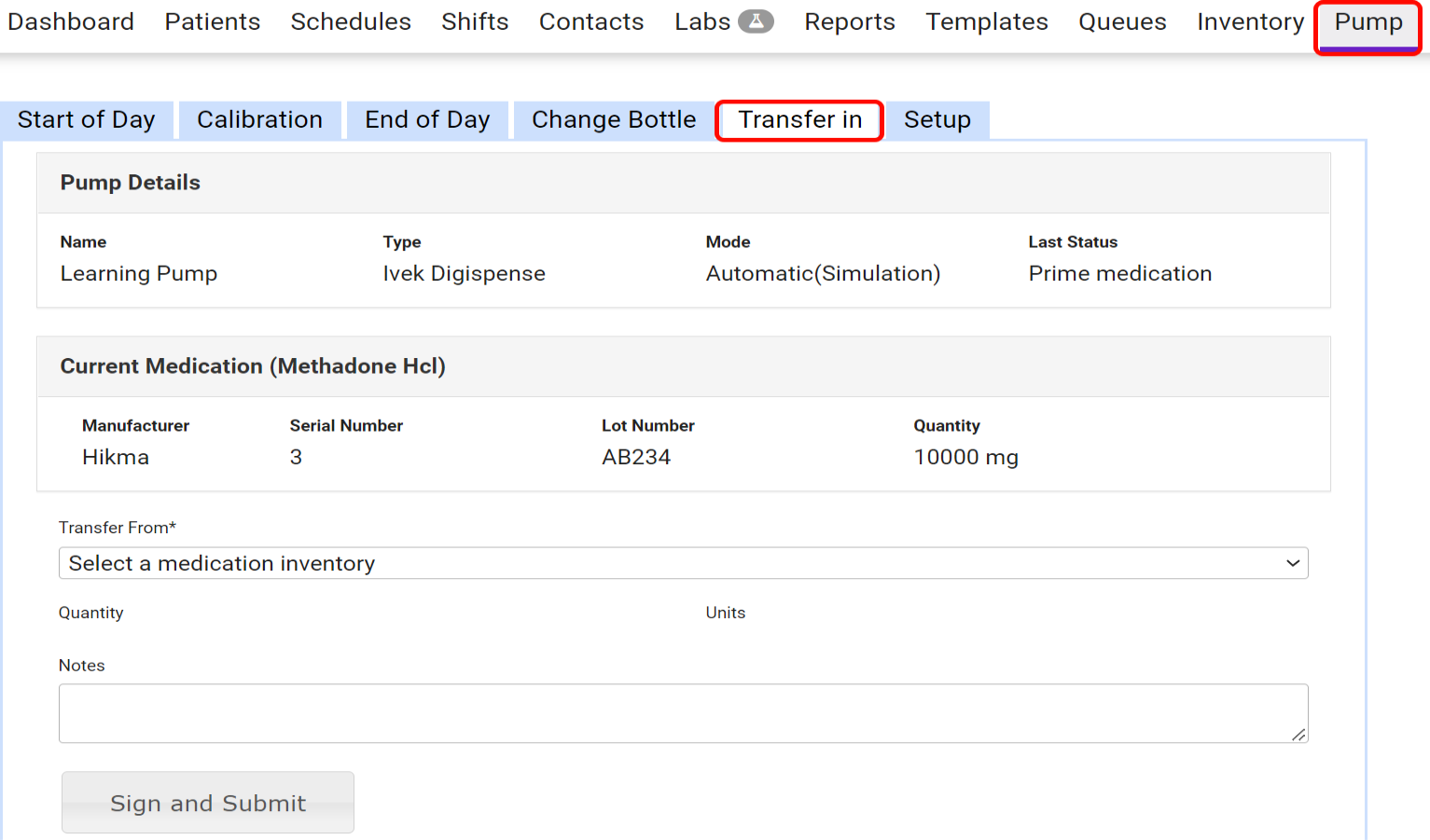 Pump Transfer In tab