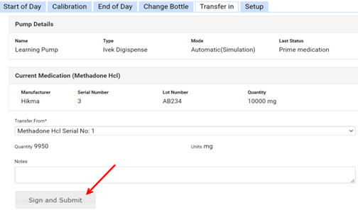 Sign and Submit button for Transfer In