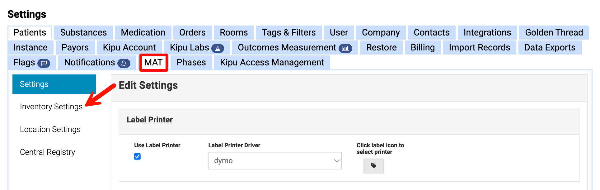 MAT Tab Inventory Settings Kipu Health